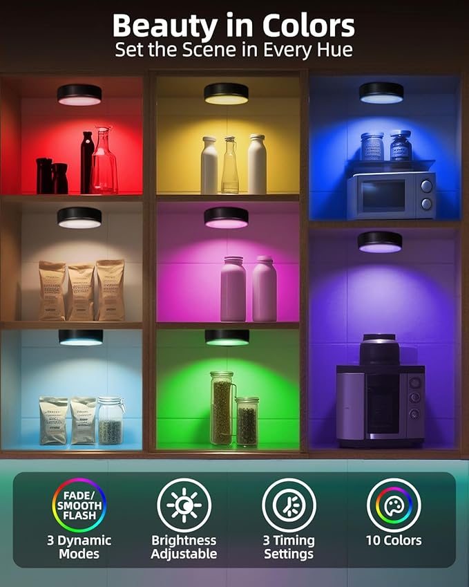 6-Pack Puck Lights with Remote, 1800mAh Rechargeable Under Cabinet Lighting, 3 Color Temps & 7 RGB Colors, Long-Lasting Dimmable Stick-On Lights for Cabinet, Kitchen, Shelf, Party