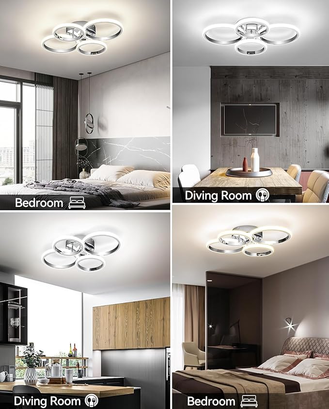 21.3in Chrome Modern LED Ceiling Light Fixture with Remote Control, 3000K-6500K 3-Color Dimming Circle Modern Ceiling Lamp Bedroom Kitchen Living Room Dining Room