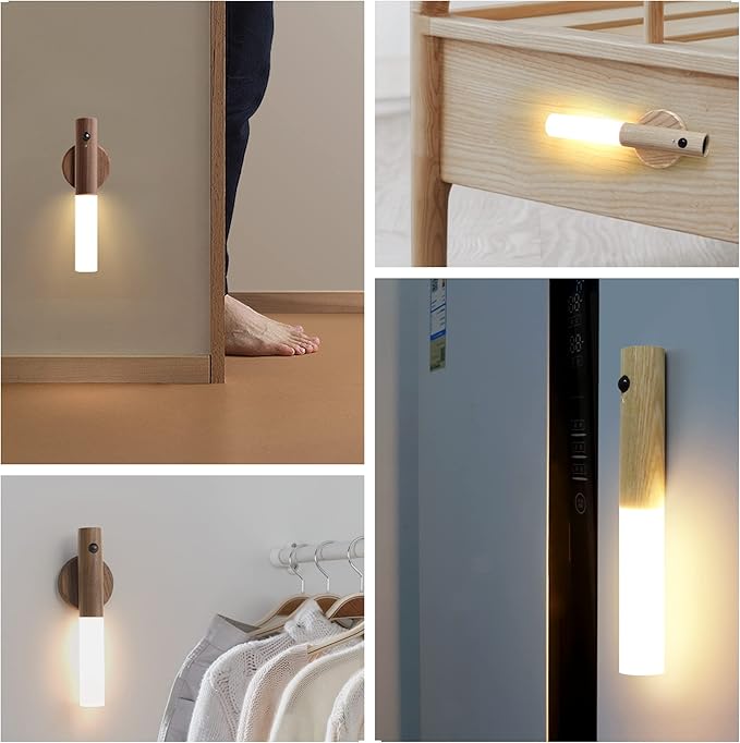 Wooden LED Night Lights Motion Sensor Indoor Magnet Body Rechargeable Wall Mounted Torch Light for Bedroom, Hallway, Stairway and More(White Ash Wood 2PCS)