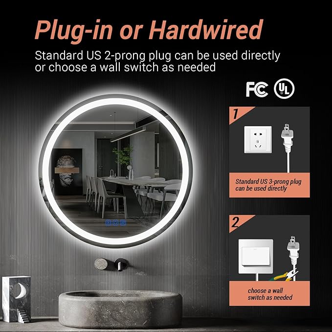 24” Circle LED Bathroom Mirror Round LED Mirror Bathroom Vanity Mirror with Lights Wall-Mounted Front & Backlit,Stepless Dimming,Smart Memory Touch,Anti-Fog,Shatterproof for Modern