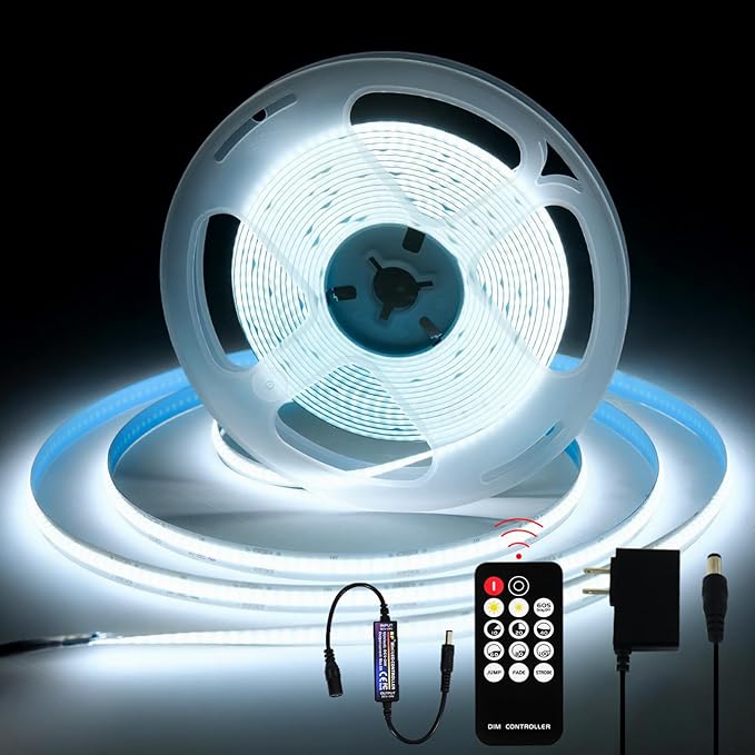 24V Dimmable COB LED Light Strip, 16.4FT White 6000K, High Brightness led Strip Lights, with RF Remote Control and UL Power Supply, Suitable for Bedroom, Kitchen, and DIY Home Decoration