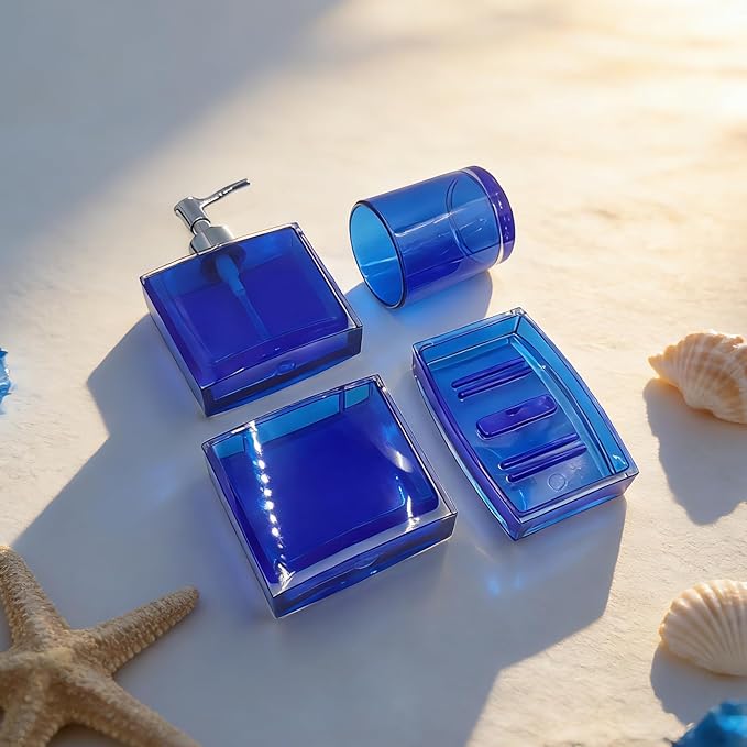 4-Piece Serene Blue Acrylic Bathroom Accessories Set — Soap Dispenser, Toothbrush Holder, Soap Dish & Mouthwash Cup, Vanity Countertop Organizer for Blue Coastal Bathroom Decor