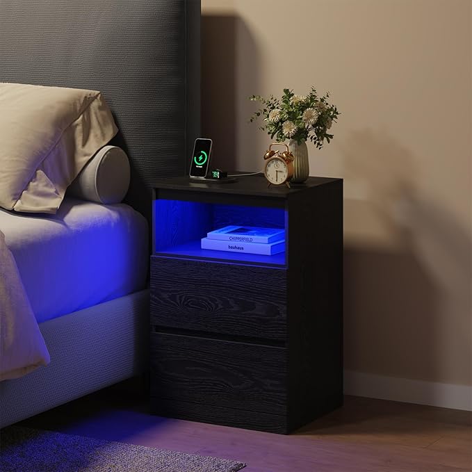 Nightstand with Charging Station and LED Light, 26" H with Hidden Drawer, 3 Drawers,Modern Night Stand for Bedroom, Black
