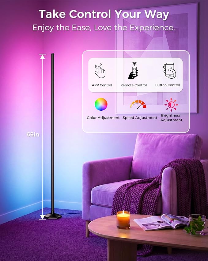 Corner Floor Lamp, 65" RGB Color Changing led Floor lamp with APP and Remote Control, Dimmable Mood Light Corner Light with Music Sync, DIY Mode & Timing for Living Room Gaming Room