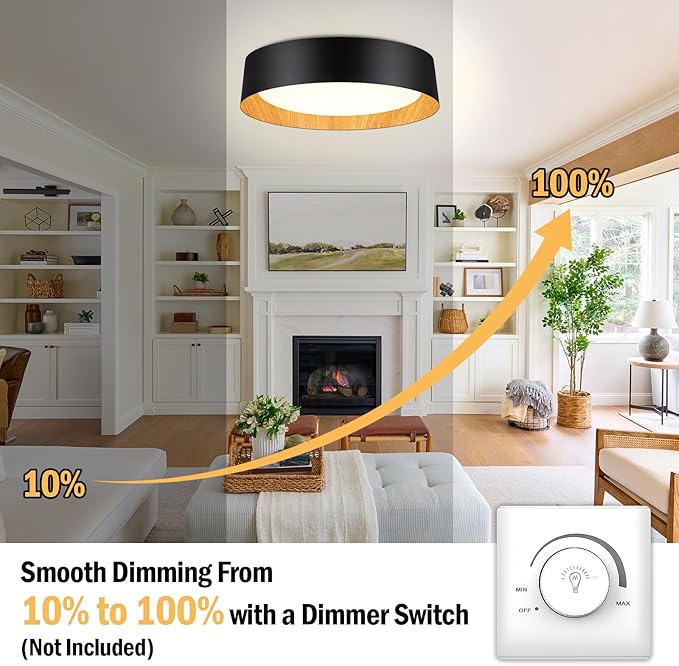 BrightHome 2-Pack 16in Flush Mount Ceiling Light, 3000LM 30W(300W Equiv), LED Ceiling Light Fixture 5CCT 2700K 3000K 4000K 5000K 6000K, Dimmable Ceiling Lamp for Bathroom Hallway, Black and Wood