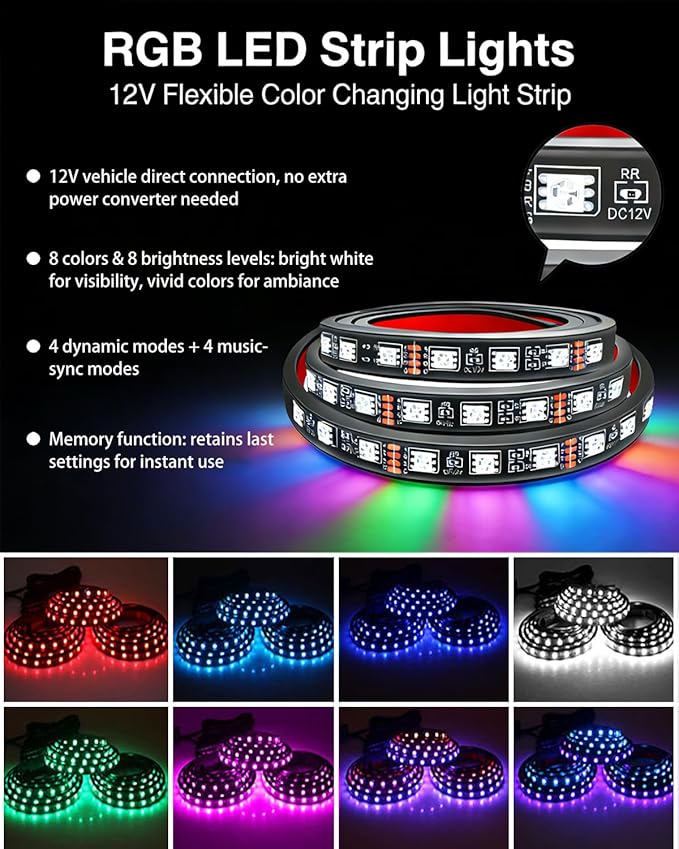 3PCS RGB Truck Bed Lights Kit - 1.5M 270pcs 5050 RGB LED Strips, 12V Remote (8 Colors/8 Brightness), 4 Flashing & 4 Music Sync Modes, IP65 Waterproof for Trucks/SUVs/RVs/Camping