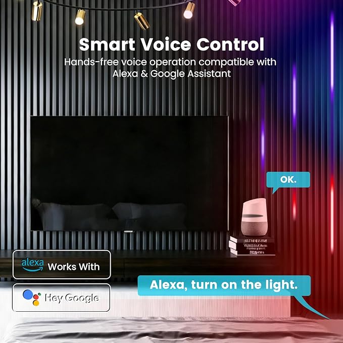 6 Pcs RGB+IC Recessed Lighting for Acoustic Wall Panels, Alexa Compatible RGB Wall Lights for Acoustic Wood Slat Panel, Smart WiFi Self-Adhesive LED Recessed Lights for Slat Decor (2*15+2*25+2*35in)