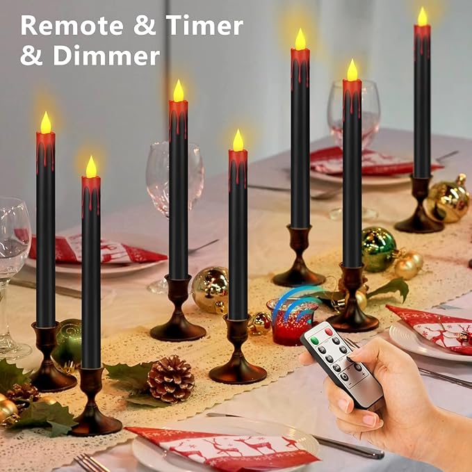 Flameless Taper Candles 10.6" Dripless Battery Operated Taper Candles Included Remote Timer 400+ Hours by 2AA Batteries for Halloween Christmas Wedding (Black+Burgundy, 6 Pack)