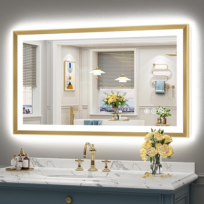 48x28 Gold Beveled LED Bathroom Mirror with Lights, Brushed Gold Framed Backlit and Front Lit Anti-Fog Lighted Vanity Mirrors for Bathroom Wall, Dimmable, 3 Colors, Memory, HD Tempered Glass