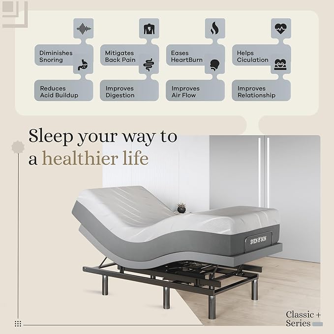Sven & Son Harmony Adjustable Bed Base, Head and Foot Lift, Massage, Under-Bed Lights, USB, Gel Memory, Zero Gravity Smart Frame - Twin XL + 10 inch Memory Foam Matt (Firm)