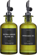 Verspace UV-Protected Green Glass Olive Oil Dispenser Bottles For Kitchen - Includes 40 Kitchen Essential Labels, Avocado Oil Dispenser Set, Modern Decor for Home, Airbnb, Cafe Set of 2