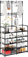 UDEAR 5-Tier Coat and Shoe Rack, Entryway Coat Rack with 8 Hooks, Double Row Shoes Organizer for Living Room, Bedroom, Office, Black