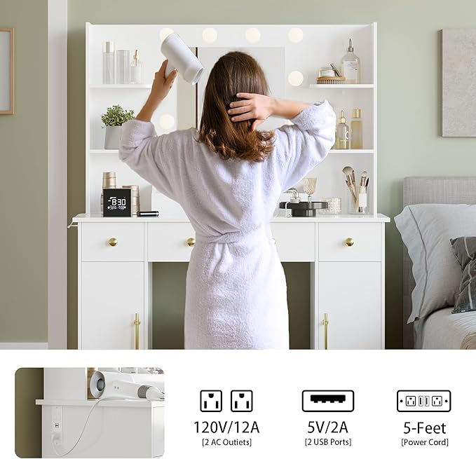 Makeup Vanity Desk with Mirror and Lights, 43" White Vanity Set with 3 Drawers, Power Outlet & Adjustable RGB LED Lights, Dressing Table with Storage Shelf for Women & Girls Bedroom