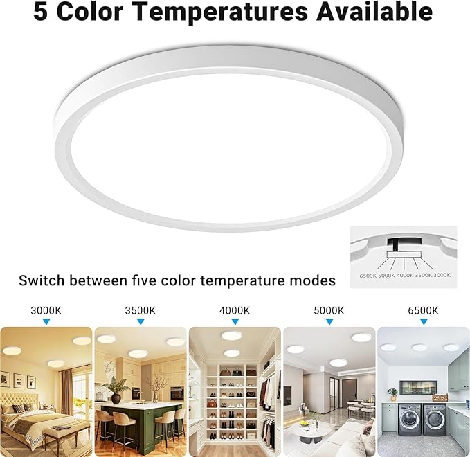 2 Pack LED Flush Mount Ceiling Light,7Inch 15W,3000K/3500K/4000K/5000K/6500K 5 Color Temperatures Ceiling Light Fixture for Kitchen Porch Hallway Bedroom Bathroom and Closet,White