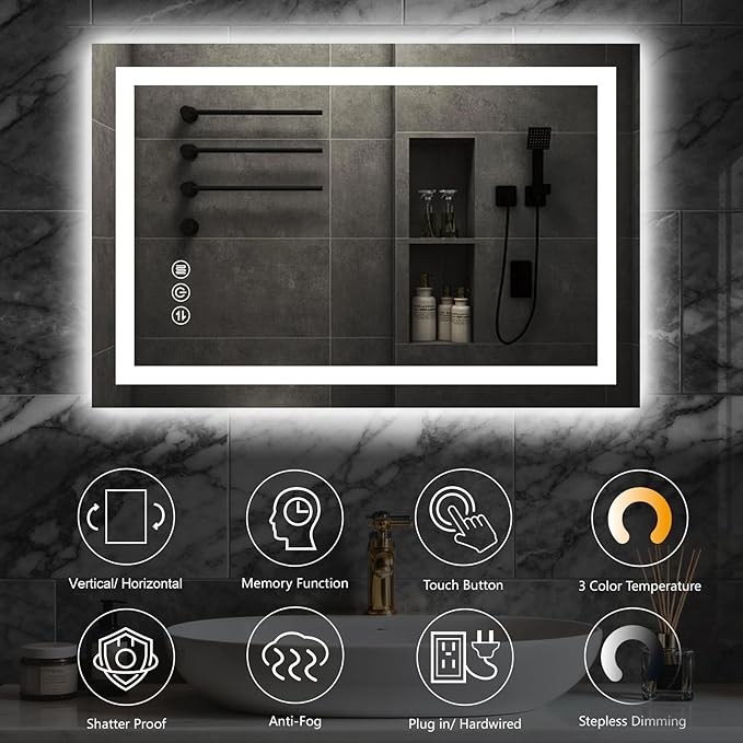 48"x 32" LED Bathroom Mirror with Light, Front and Backlit LED Mirror for Bathroom, Anti-Fog, Stepless Dimmable, 3 Colors, LED Vanity Mirror with Lights, Memory Function, Tempered Glass