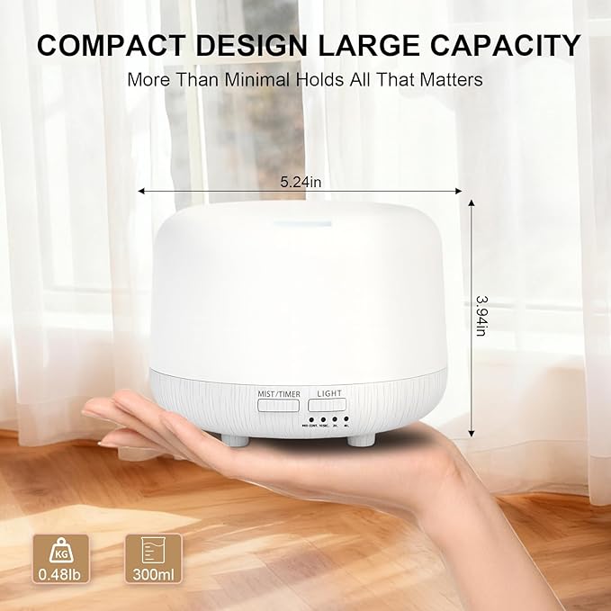Aromatherapy Diffuser, 300ML Remote Control Essential Oil Diffusers, White Wood Grain Humidifier with 8 Colors Light 4 Timer Mode, Ultrasonic Scent Diffuser for Home, Office