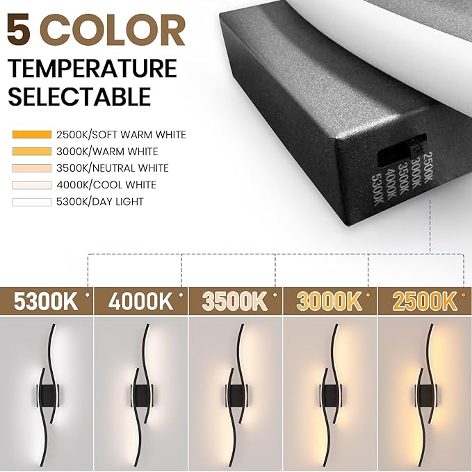 Modern Black Wall Sconce, 5CCT Dimmable Indoor Led Wall Sconce Lighting, Hardwire Black Led Wall Lamps for Living Room Bedroom Bathroom Hallway, Indoor Wall Decor Bedside Wall Lamp, 31.5Inch