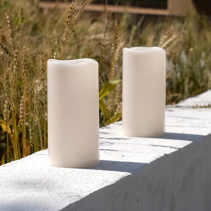 NONNO&ZGF 4X8 inch Huge Outdoor IP44 Warm White LED Rainproof Waterproof Candles, Large Flameless Battery LED Pillar Candle with Remote and Timer, Resin, No Melt, 2 Pack