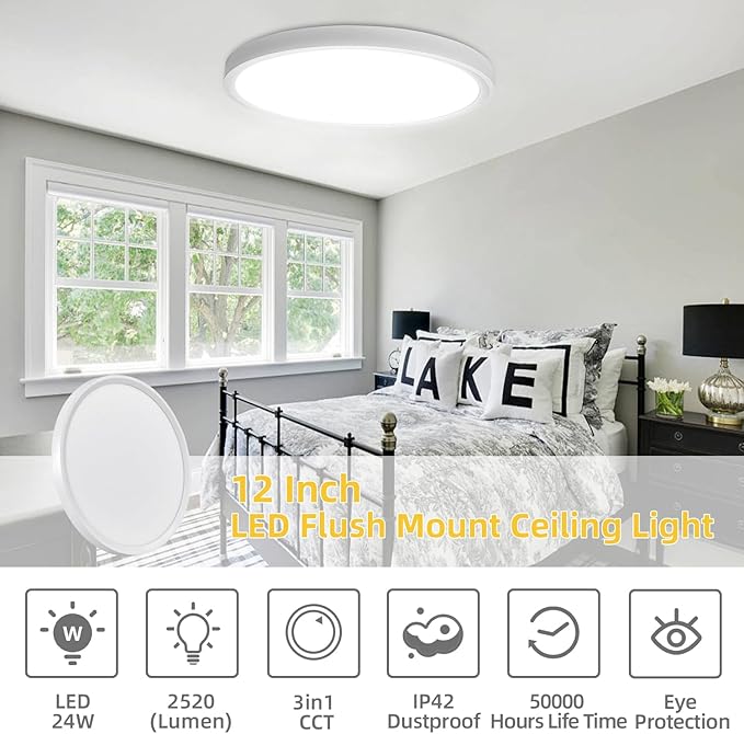 4PK 12 Inch LED Flush Mount Ceiling Light, 24W, 2520LM,3000K/4000K/6000K CCT Selectable, Round Flat Panel Low Profile Ceiling Light Fitures for Hallway, Kitchen, Bedroom, Laundry Room,White