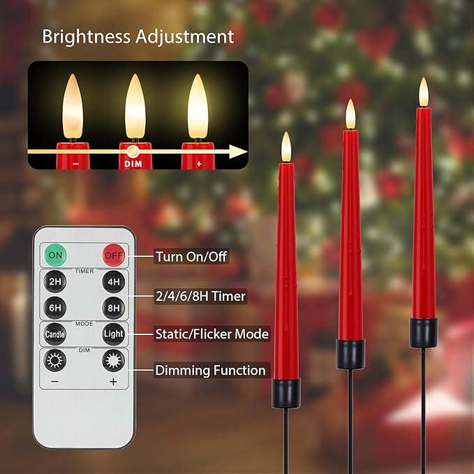 Red Flameless Taper Candles 9.6" Christmas LED Candles Real Wax with Remote Timer, Battery Operated LED Candles Set with 3D Flickering Flame, Classic Flickering Candlesticks for Home, Party, 3 Pack