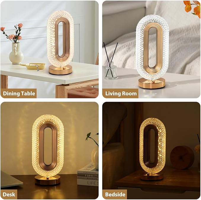 Lewondr Bedside Table Lamp for Bedroom, 3 Color Dimmable Night Light with USB Port, Rechargeable Touch Lamps, Crystal Modern Oval Light Nightstand Desk Lamp for Dorm Living Room Office