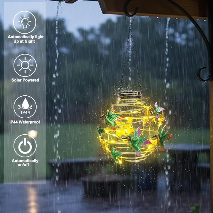 2 Pack Hummingbird Solar Lights Outdoor Hanging Lantern with Handle, Solar Powered Hummingbird Garden Decor for Outside Patio Yard Porch Pathway Hummingbird Gifts for Women (Warm White LED Lights)