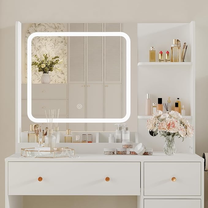 Vanity Desk with Mirror and Lights,Power Outlet,Makeup Vanity Table Set with Storage Drawers Shelves Cabinet& Chair,3 Lighting Modes & Adjustable Brightness,Dressing Table for Bedroom