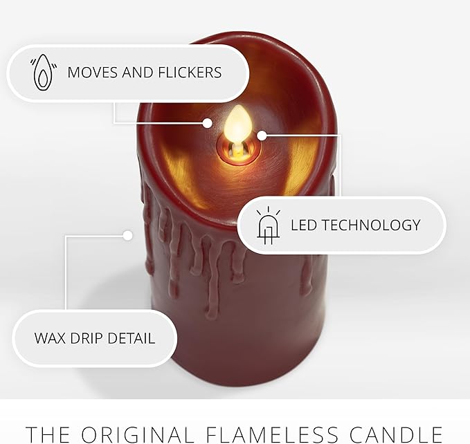 Luminara Wax Drip Flameless LED Candle, Burgundy 3.4" x 4.5", Timer Function, Real Wax Pillar, Battery Operated Unscented Safe, Long-Lasting
