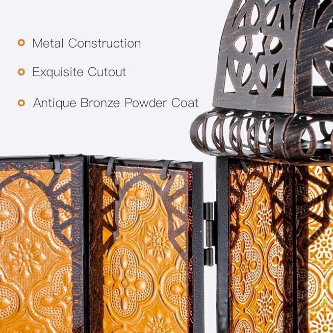 DECORKEY Moroccan Lanterns Decorative Indoor & Outdoor, 11’’ Medium Size Vintage Metal Hanging&Tabletop Candle Holder Decor, Halloween Christmas Ramadan Decorations for Home Porch Patio (Amber)