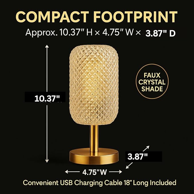 USB Rechargeable Crystal LED Lamp – Cordless Touch Control, 3 Light Modes, Gold Finish, Dimmable Bedside Nightstand, Dinner Table, Restaurant Table, Camping, Cabin, & Office and Home Décor Light