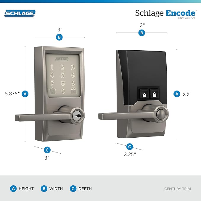 Schlage Encode Smart Wi-Fi Lock with Lever Handle, Touchscreen Keypad, Keyless Entry Door Lock, App Control, Alexa, Google Home and Airbnb Compatible, Satin Nickel, FE789WB CEN 619 LAT