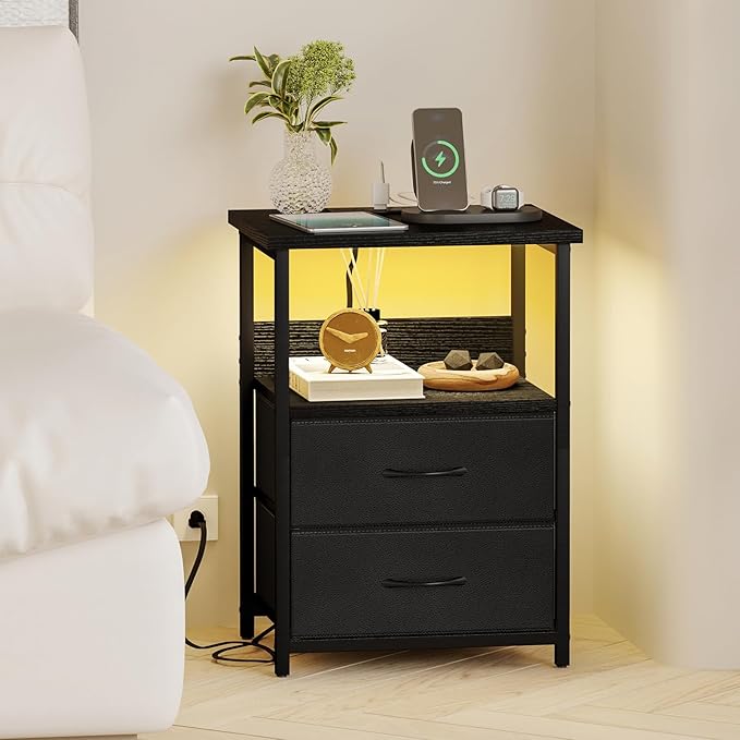 Fixwal Night Stand with Charging Station, LED Nightstand with U-S-B Ports and Outlets for Small Spaces, 2 Fabric Storage Drawers, Bedside Table End Tables Bedroom, Modern Black