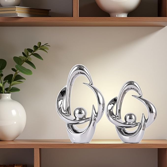 2PCS Home Decor Accent Ceramic Statue Abstract Sculptures Centerpieces Mid Century Modern Decor for Tables Coffee Table top Decorations for Living Room Desktop Shelf Dining Room Kitchen (Sliver)