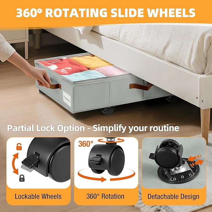 4 Pack Under Bed Storage– 30.5×17×6.5 Inch, Underbed Storage with Wheels Sturdy Sidewalls/Bottom, Clear Cover, Label and PU Handle, Rolling Under Bed Drawers for Clothes, Shoes, Toys, Blankets,Grey