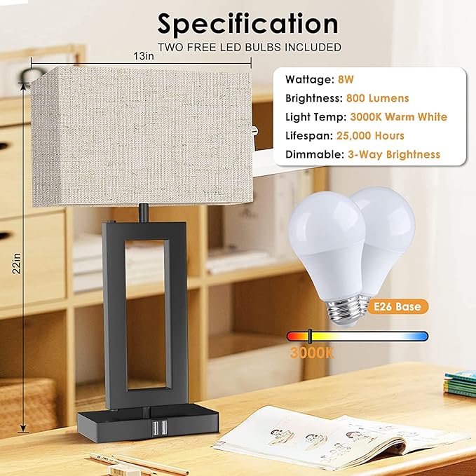 Tall Table Lamps for Living Room Set of 2, Modern Bedside Lamps w. 2 USB Ports, 3-Way Dimmable Touch Control Nightstand Lamp Set w. Fabric Cream Shade for Bedroom End Table, 22 in