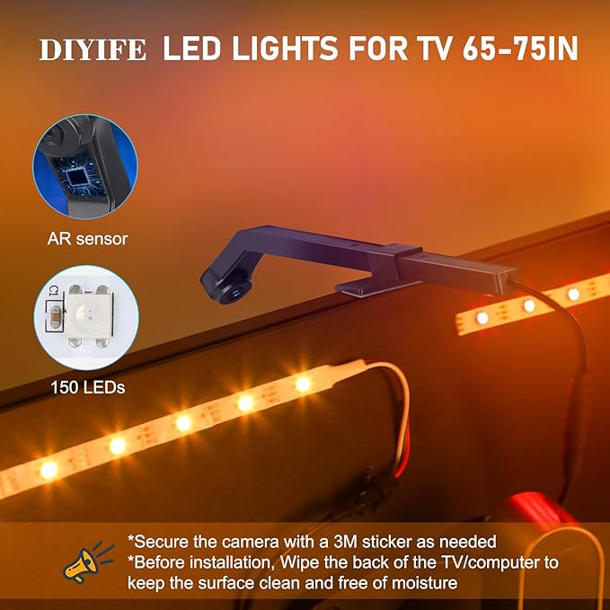Diyife 16.4ft TV LED Backlight with AR Sensors Sync to 65-75 Inch TVs [Upgraded], Smart TV Backlight Strip, Remote and APP Control, Real-Time Synchronization, 99+ Scene Modes, Music Modes