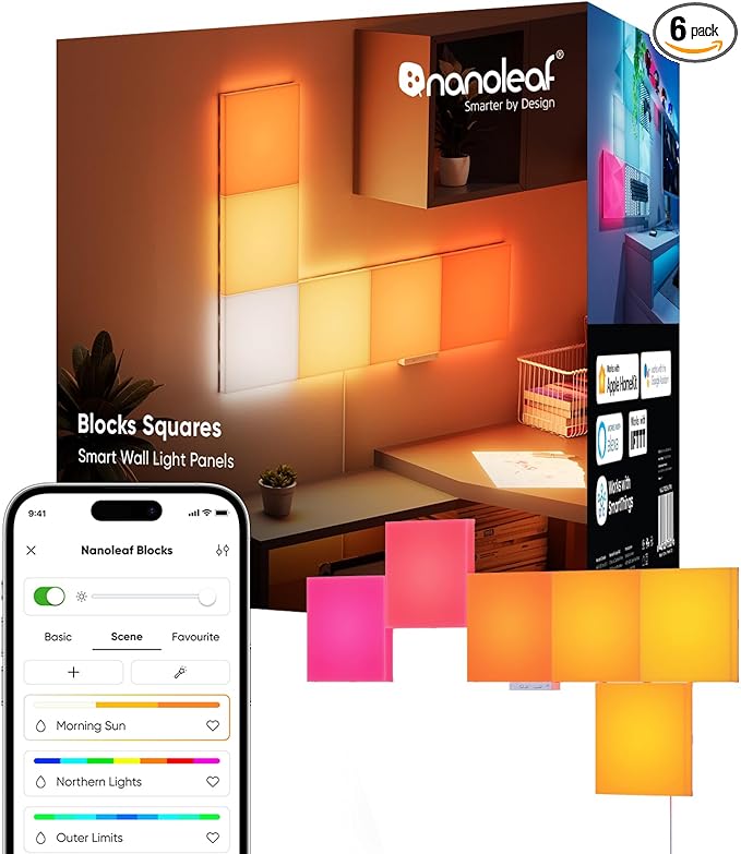 Nanoleaf Smart LED Light Panels 6 Pack, Blocks Squares Wall Lights with Music Sync, WiFi Smarter Kit RGBW Gaming Lights Compatible with Alexa, DIY Wall Decor Light for Bedroom