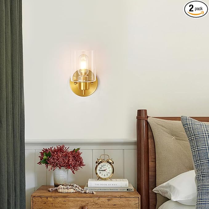 Brushed Gold Wall Sconce, Gold Vanity Light Modernbathroom Light fixtures with Clear Glass Shade Entrance Lamp Hallway Living Room Mount Bathroom Fixtures for Mirror (2PACK)