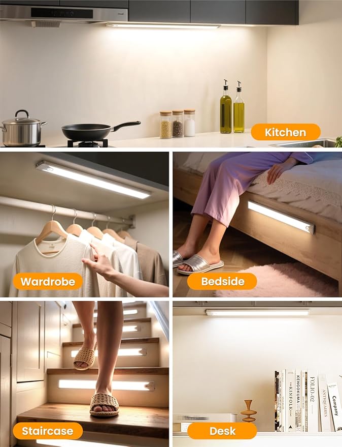 16 Inch Under Cabinet Lights, LED Rechargeable Magnetic Motion Sensor Light Indoor, Brightness Dimmable 6500K Stepless Dimming Closet Light, for Under Counter, Kitchen, Stairs, Closet, 2 Packs