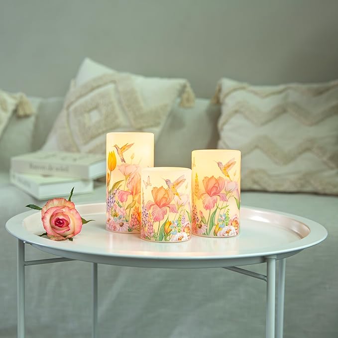 Flameless Candles with Remote, Battery Operated Candles Real Wax Hummingbird Flickering LED Candles Floral Christmas Decor Electric Pillar Candles Set of 3