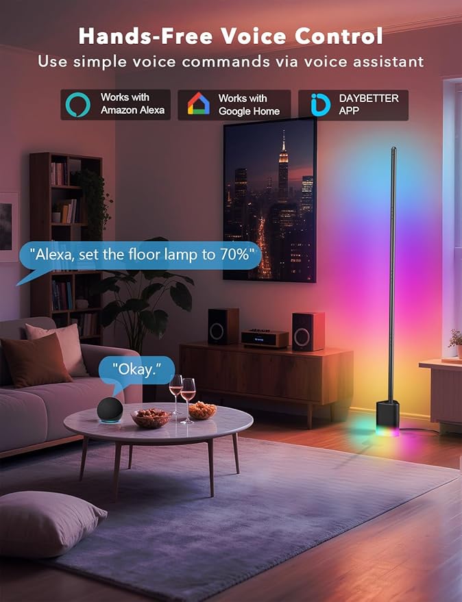 DAYBETTER Smart Floor Lamp, RGBW Corner Lamp Work with Alexa & Google Assistant, Ambient Lighting Floor Lamps for Bedroom, 16 Million DIY Colors, Music Sync, LED Floor Lamp for Living Room