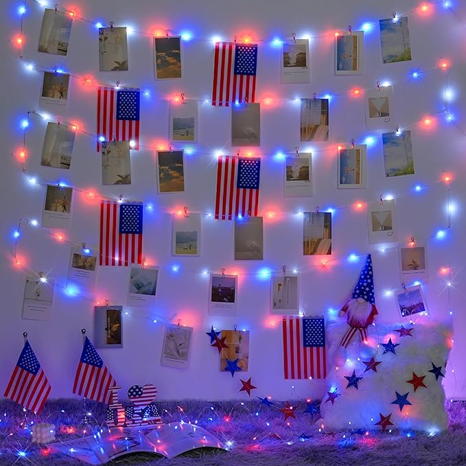 JMEXSUSS 200 LED 4th of July Fairy Lights, Red White and Blue Lights Indoor with Wheel, 8 Modes Remote Control Twinkle Patriotic Lights in for Independence Day American Flag Holiday