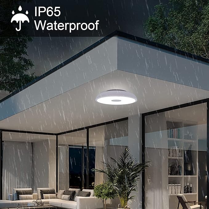 HOREVO Bathroom Ceiling Light Fixture, Waterproof IP65 18W LED Music Ceiling Lamp with Remote Control with Bluetooth Speaker,FCC and UL1598 Certified for Kitchen, Laundry, Hallway. (Need Wired)