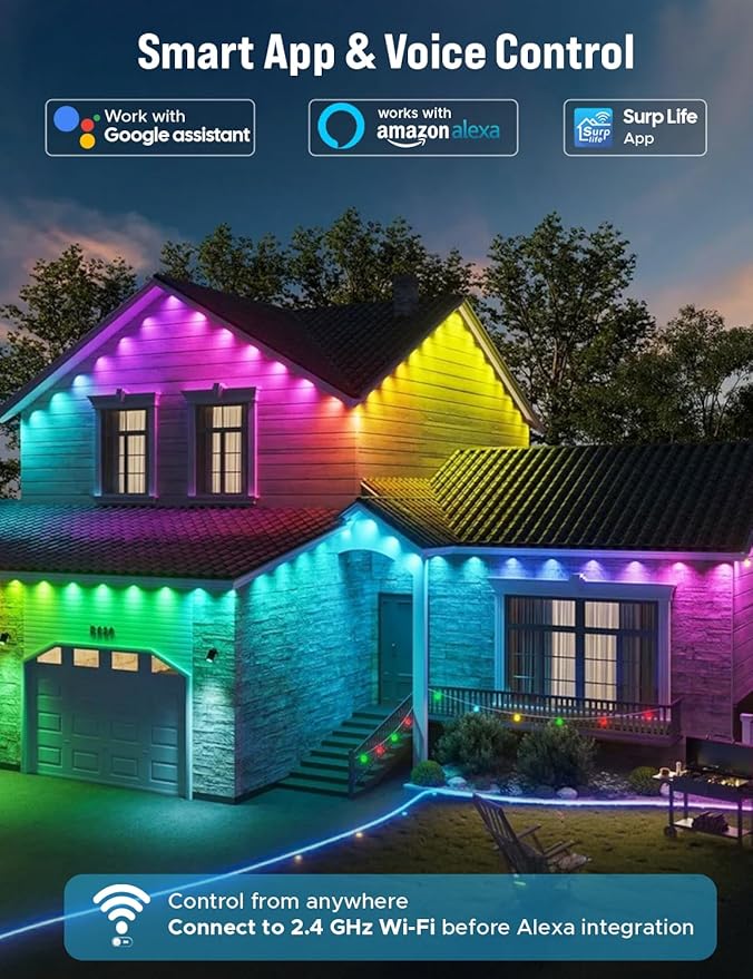 EcoNour 150 FT RGB Smart Permanent Outdoor Lights | Waterproof LED Eaves Lights with App & Remote Control | Colorful RGB Light with Music Sync | Smart Outdoor LED Christmas Light with Festive Effects