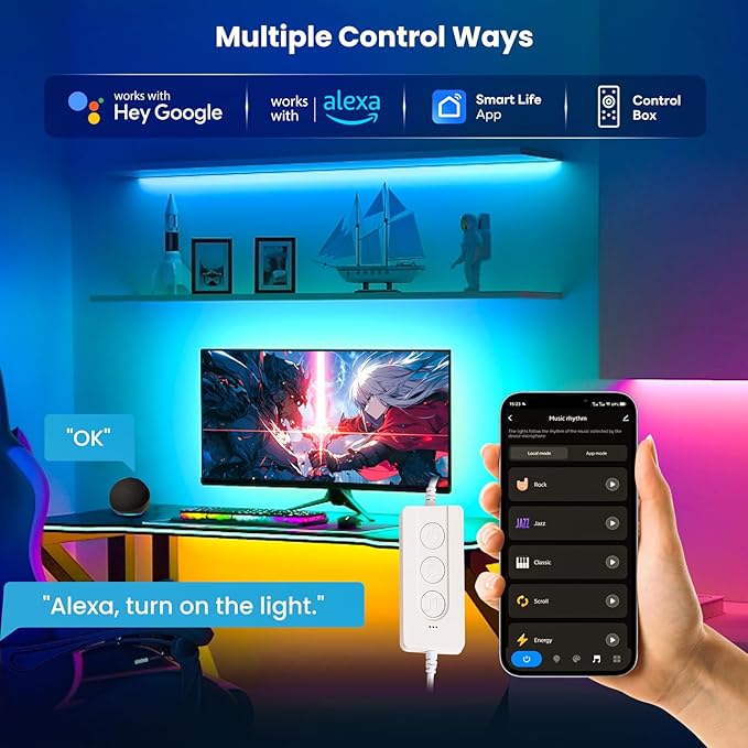 26.25ft LED Lights for 75-100 Inch TV, RGB+IC TV Lights Backlight Strip Behind, with 44 Scene Modes, Bluetooth APP and Voice Control, Music Sync Smart Ambient Lighting for Gaming, Bedroom, Living Room