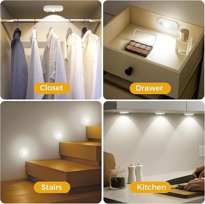 LED Motion Sensor Puck Lights, Small Rechargeable Under Cabinet Light, Dimmable Daylight White Closet Lights, Wireless Under Cabinet Lighting for Drawer, Kitchen (6 Pack, White)