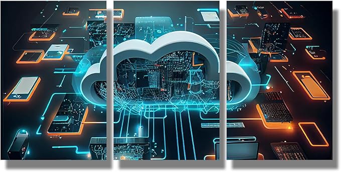 Cloud Technology,Cloud Computing Pictures for Bedroom Wall Decor 3 Panel Wall Art Print on Canvas Posters and Prints Wall Hanging Decor Modern Home Decor Canvas Frame Artwork Ready to Hang 16x24inchx3
