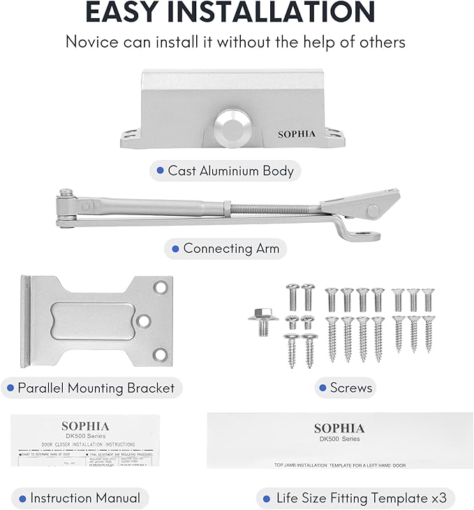 SOPHIA Automatic Door Closer for Home, Fireproof Auto Door Closer DK500 for Light Commercial & Residential Use, Hydraulic Door Closer, ADA Compliant & UL Listed, Grade 3, Silver