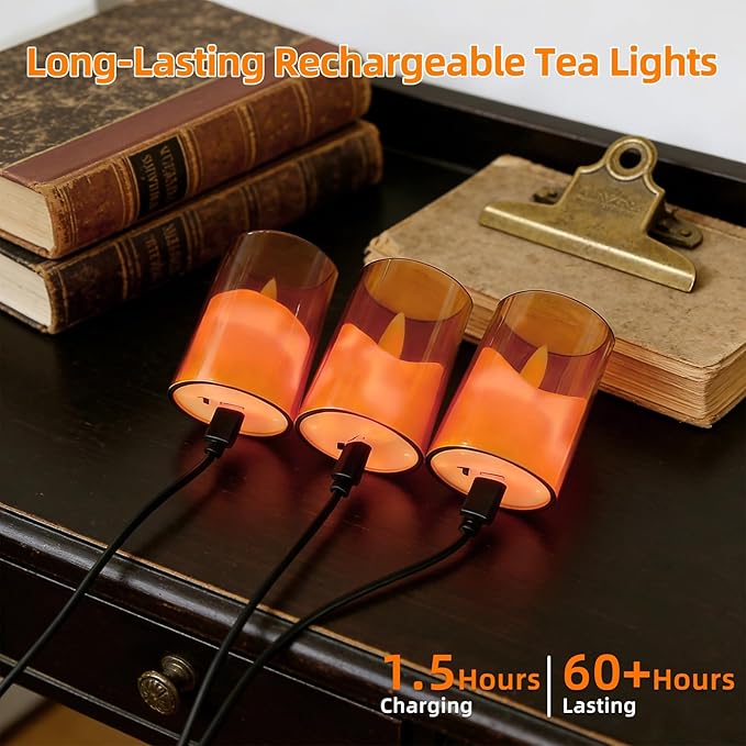 Rechargeable Acrylic Flameless LED Candles with Timer Control, Long Lasting Electric Tealights, Flickering Warm Glow Votive Candles for Holiday & Daily Decoration, (Set of 6, Amber)
