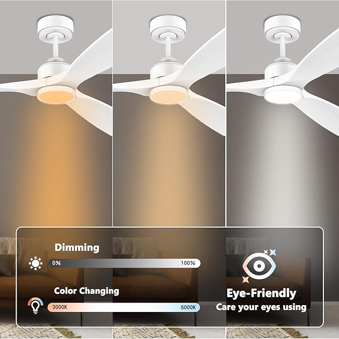 52 Inch Wood Smart Ceiling Fans with Lights Remote,Voice Control via WIFI Alexa App,Quiet DC Motor,Outdoor Indoor Ceiling Fan,Dimmable,Modern White Lighting & Ceiling Fan for Bedroom Patio Porch